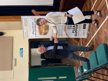 Jane Adams chair HMSSG presenting to Geoffrey Croft certificate in recognition of parish history group £1500 donated to hoard campaign - Hoard Talk Cawley Hall