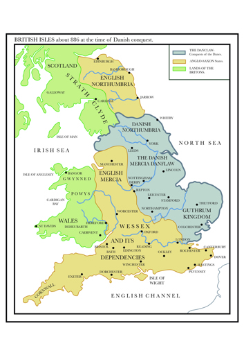 Map showing Danelaw - which runs down the East coast iof England and across to Mercia